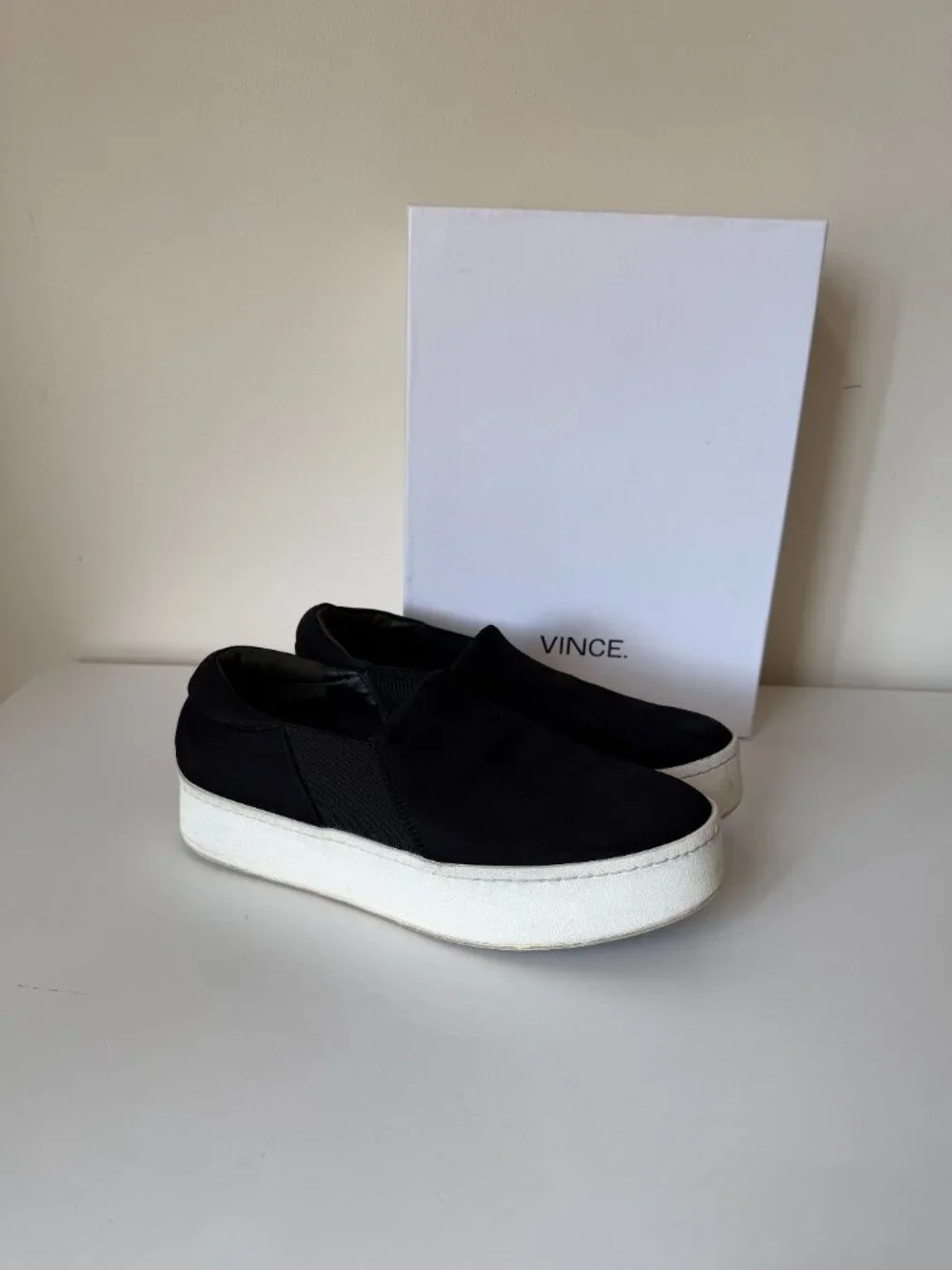 Vince Warren Platform Sneakers | Black Suede Slip-On | Size 7.5 | 1.5 Inch Heel